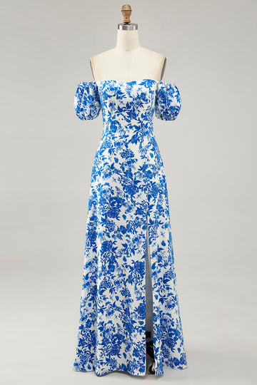 Off The Shoulder Blue Floral Printed Wedding Guest Dress with Slit